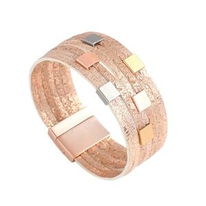 Rose Gold Metallic Leather Wrap Bracelet with Mixed Metal Square Studs - NWT